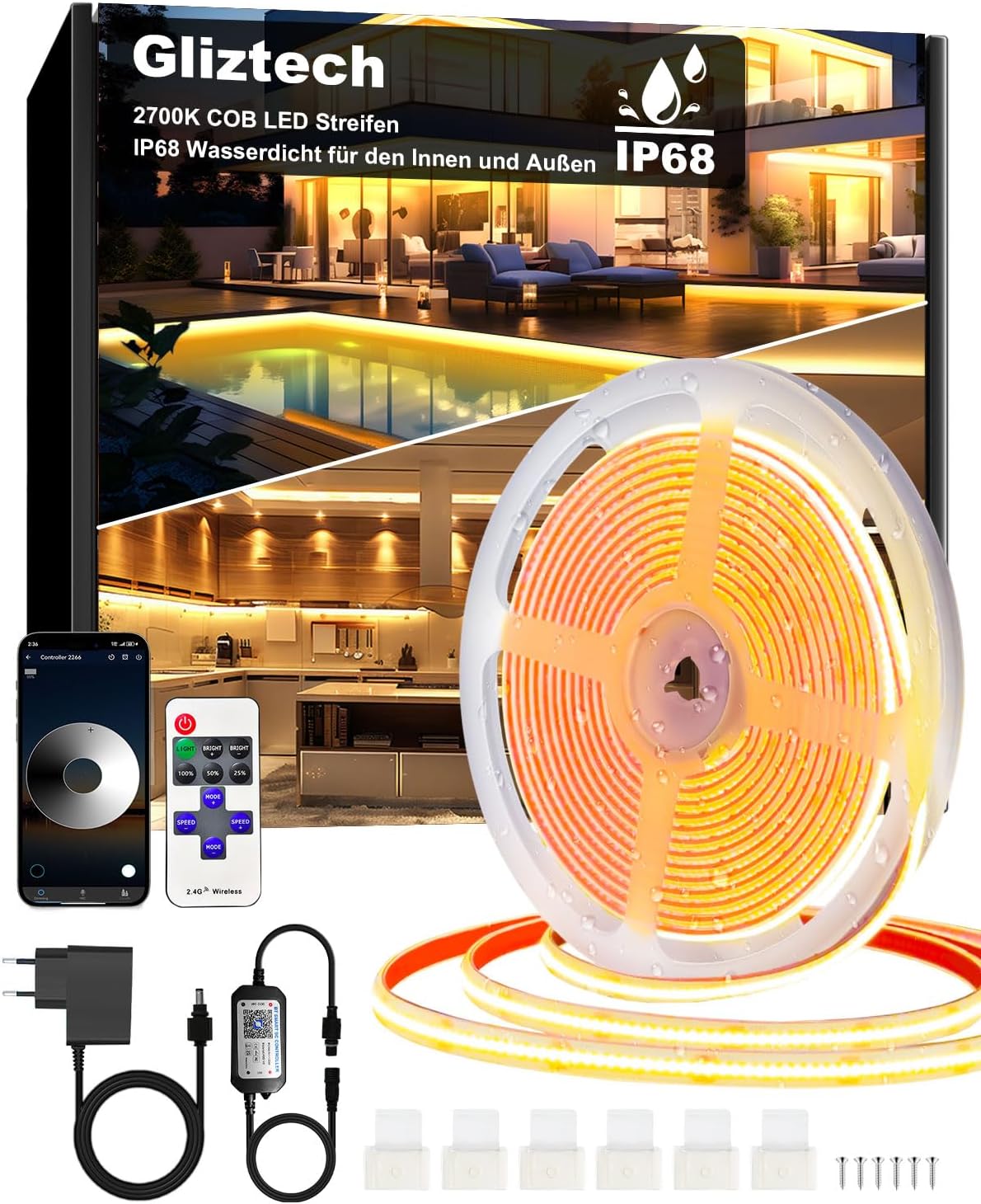 Detalle de Gliztech COB LED Streifen 15 m – IP68 Außenbeleuchtung mit 24 V, App- und Fernbedienung