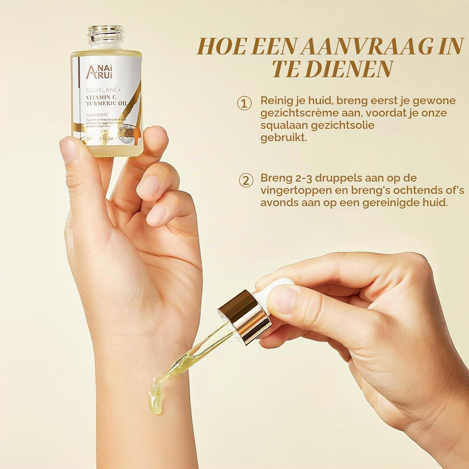 Detalle 2 de ANAI RUI vitamine C-gezichtsolie met squalaan en kurkuma, 30 ml
