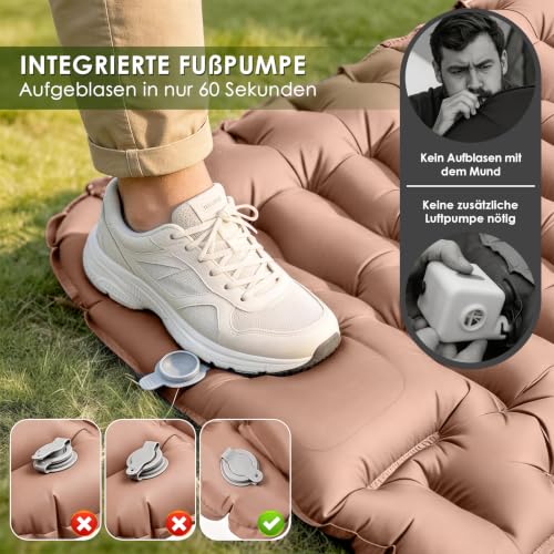 Detalle de Purecas Isomatte Camping mit Fußpumpe – Ultraleichte Luftmatratze mit Kissen