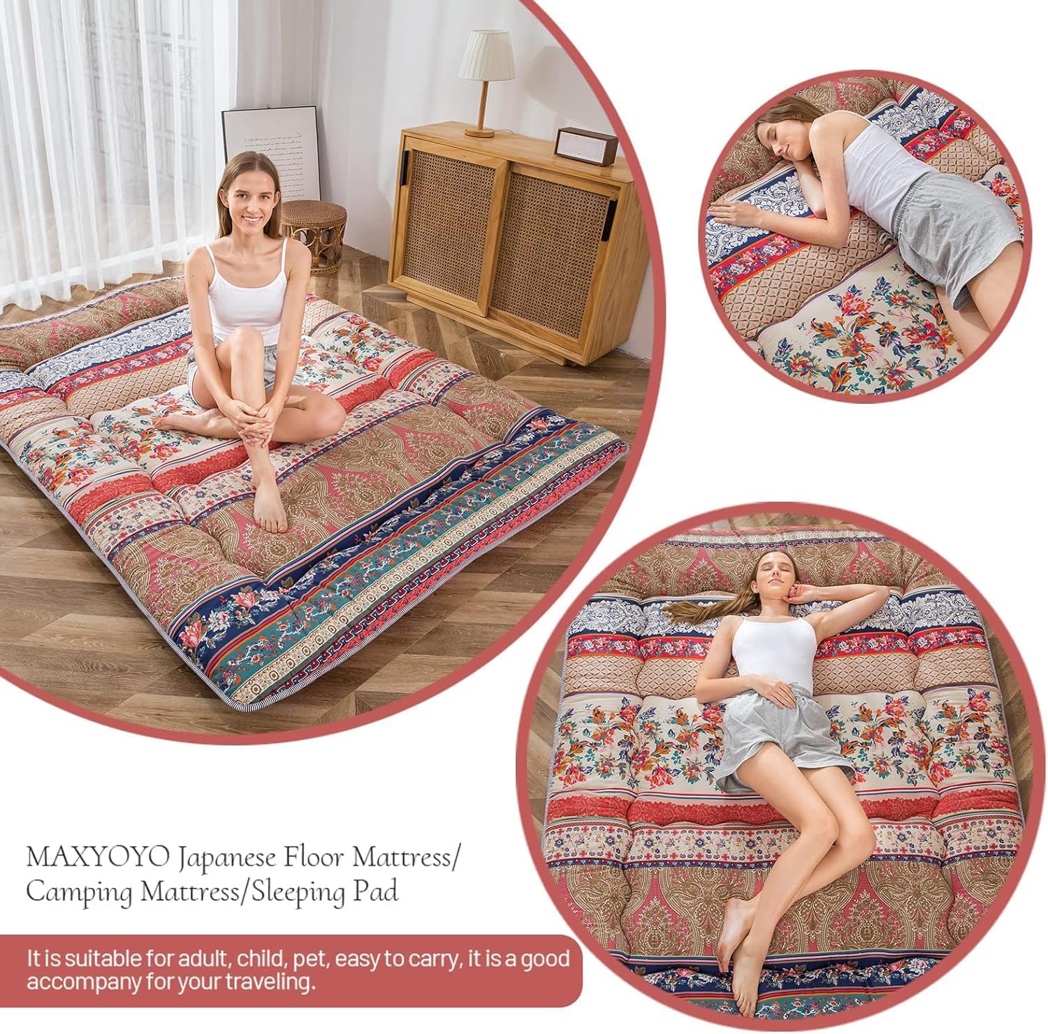 Thumbnail 3 de MAXYOYO Bohemian Retro King Size Floor Mattress (Japanese Futon) — Roll-Up Portable Camping Mat