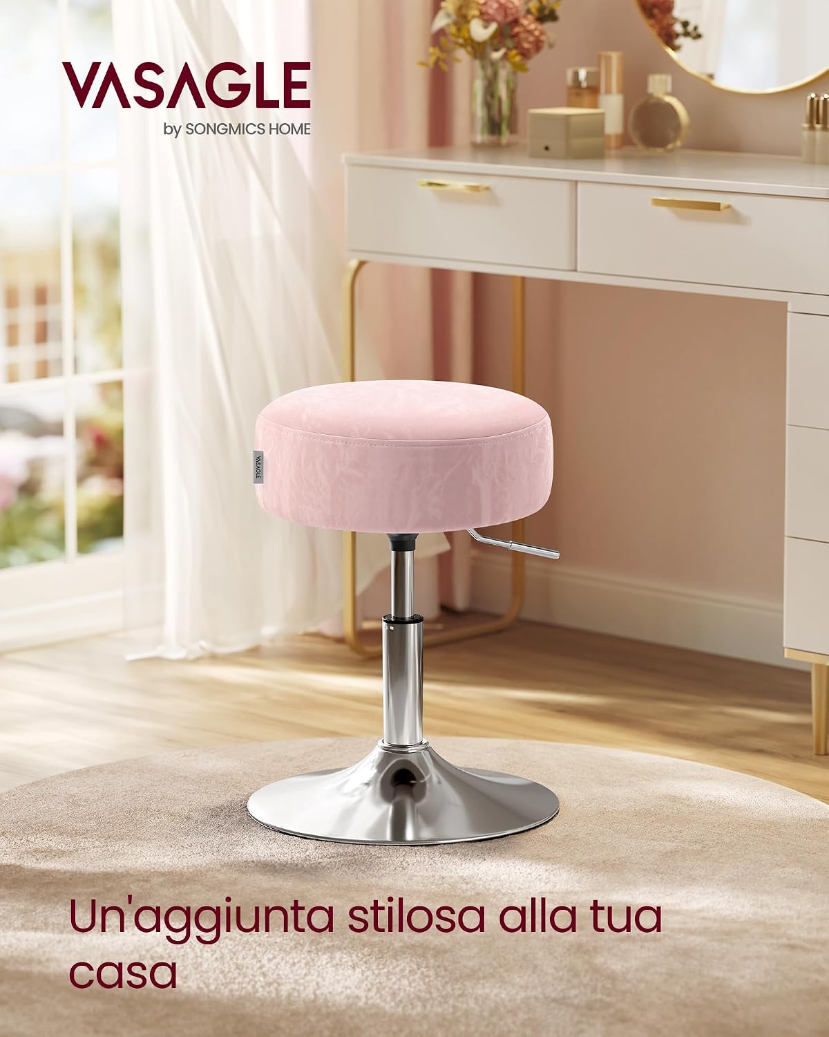 Detalle 2 de VASAGLE Sgabello da Trucco LJB120S01: Sedia per Toeletta Regolabile e Girevole in PU Rosa Pastello