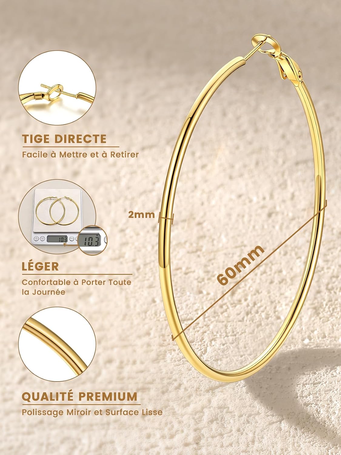 Detalle de GoldChic Créole Plaqué Or Femme 70 mm — Boucles d’oreilles créoles en acier inoxydable doré