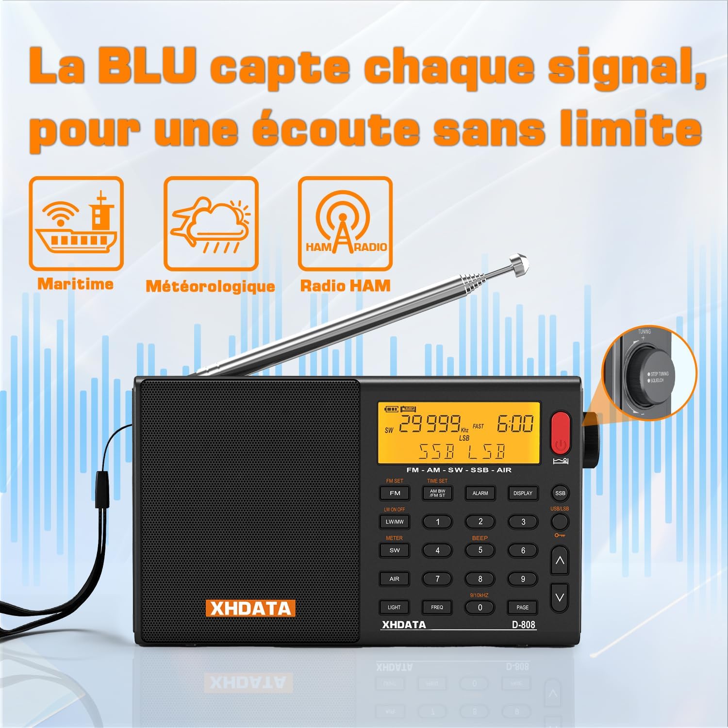 Detalle de XHDATA D-808 Ondes Courtes : Radio portable complète avec SSB, RDS et batterie rechargeable