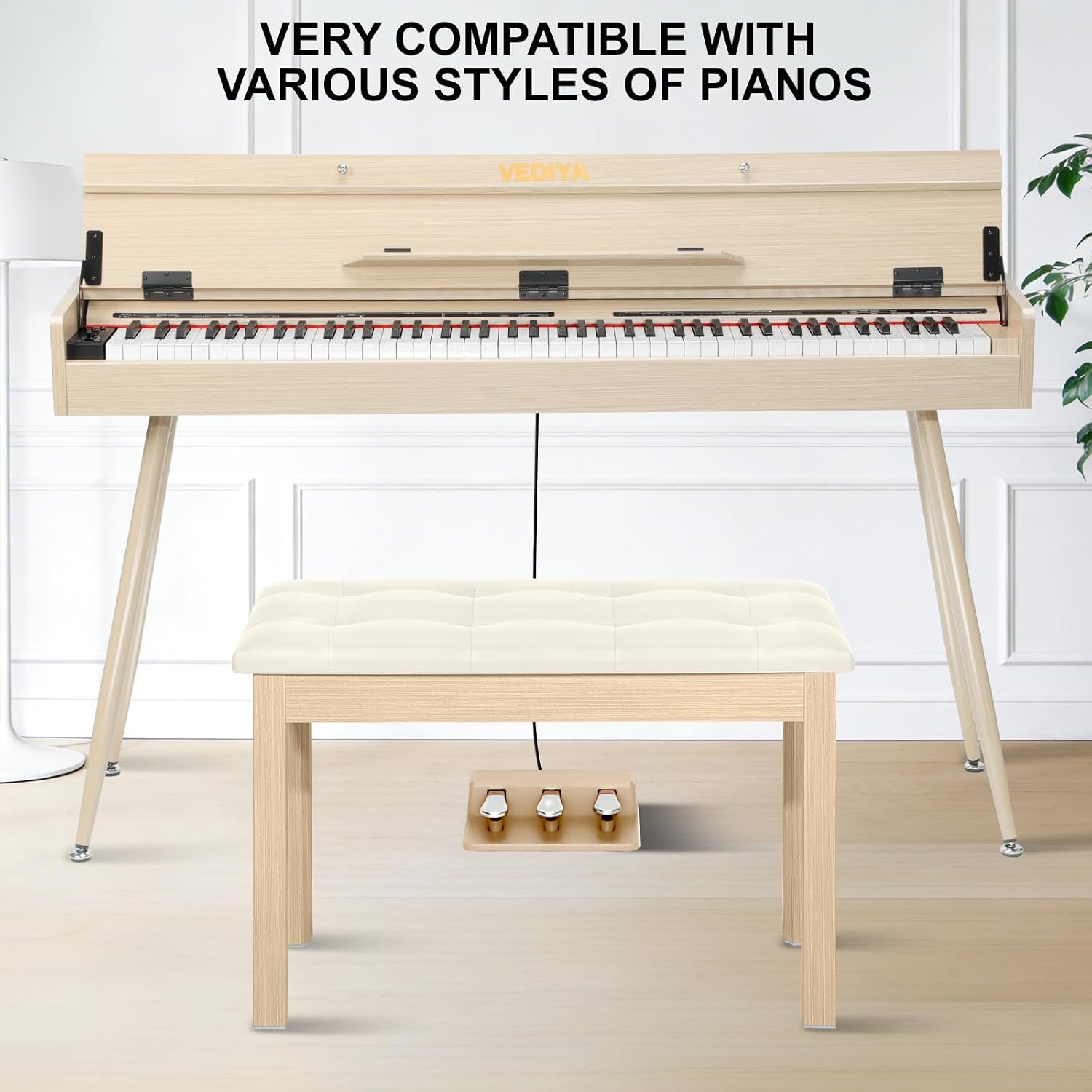 Detalle de Vediya VES95 Duet Piano Bench with Storage, Tufted Apricot Seat