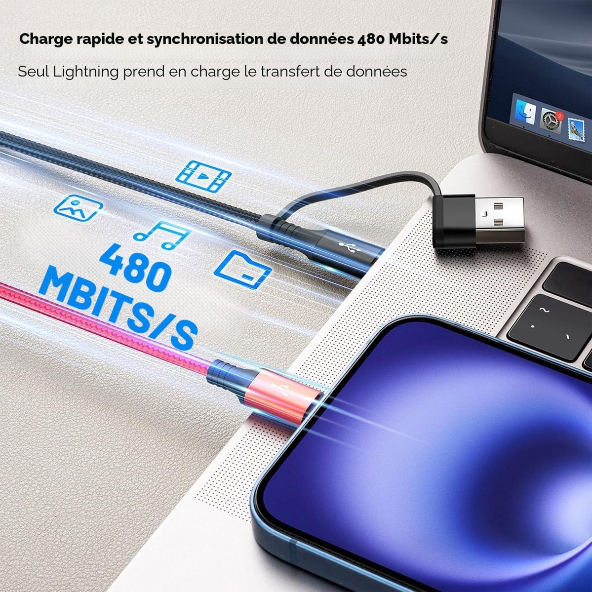 Thumbnail 2 de Minlu Câble de Charge 4-en-2 avec 3 ports et transfert de données – 1,2 m