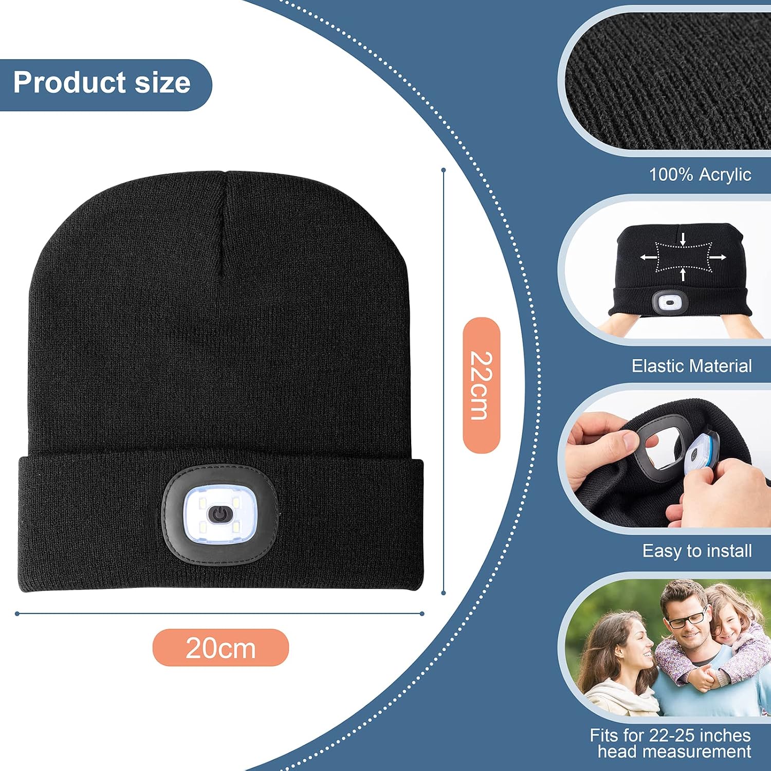 Detalle 2 de Unisex 4 LED Lighted Beanie Cap — USB rechargeable