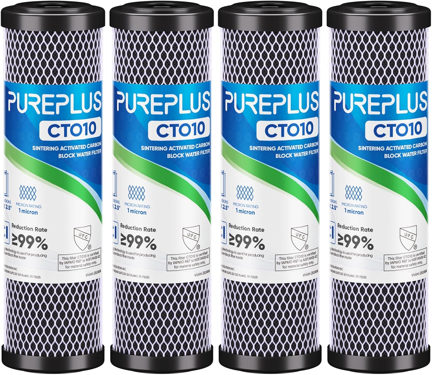 PUREPLUS 1 Micron 2.5" x 10" Whole House CTO Carbon Filter Cartridge Replacement (4-Pack)