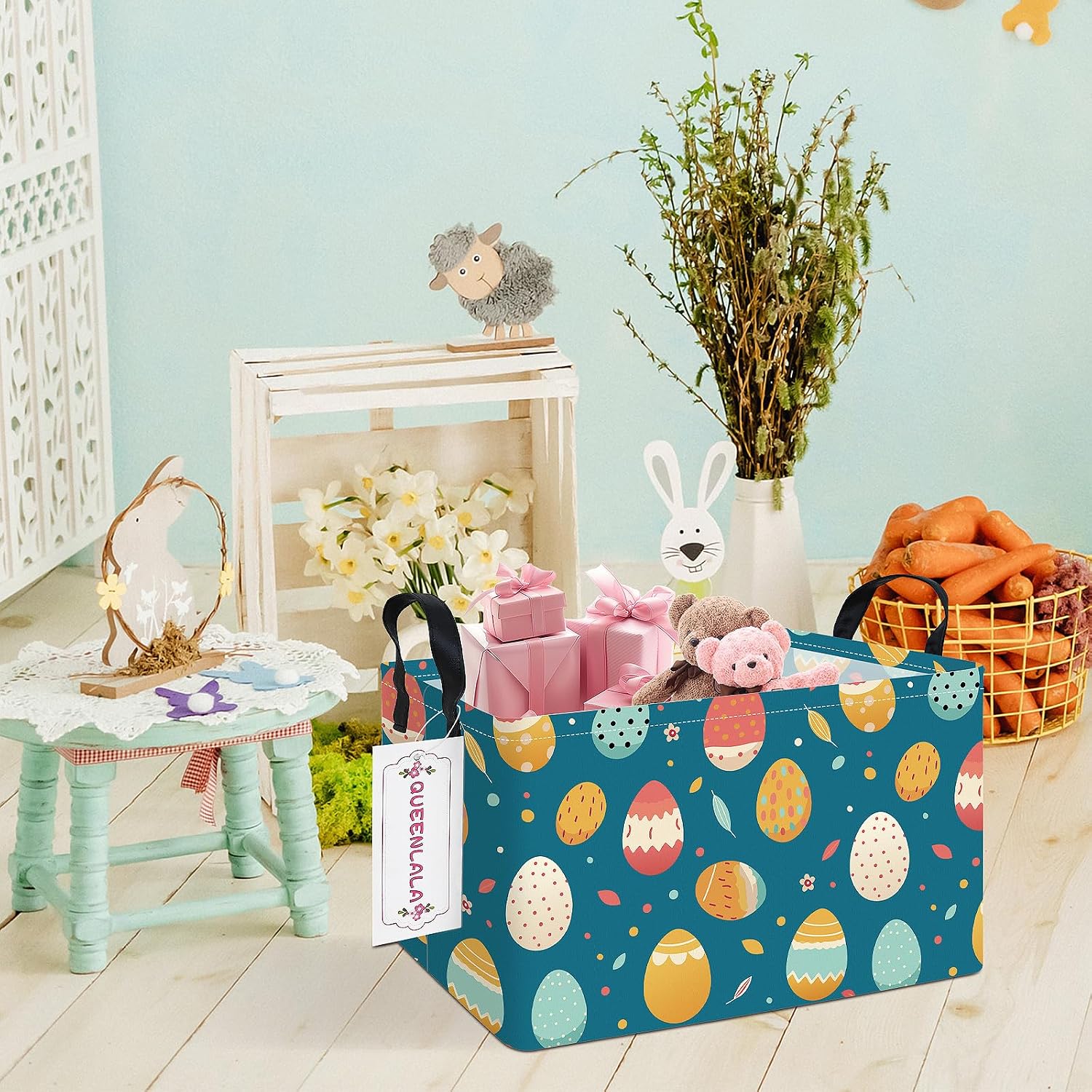 Thumbnail 6 de QUEENLALA Rectangular Collapsible Laundry Basket, Blue Easter Egg Print