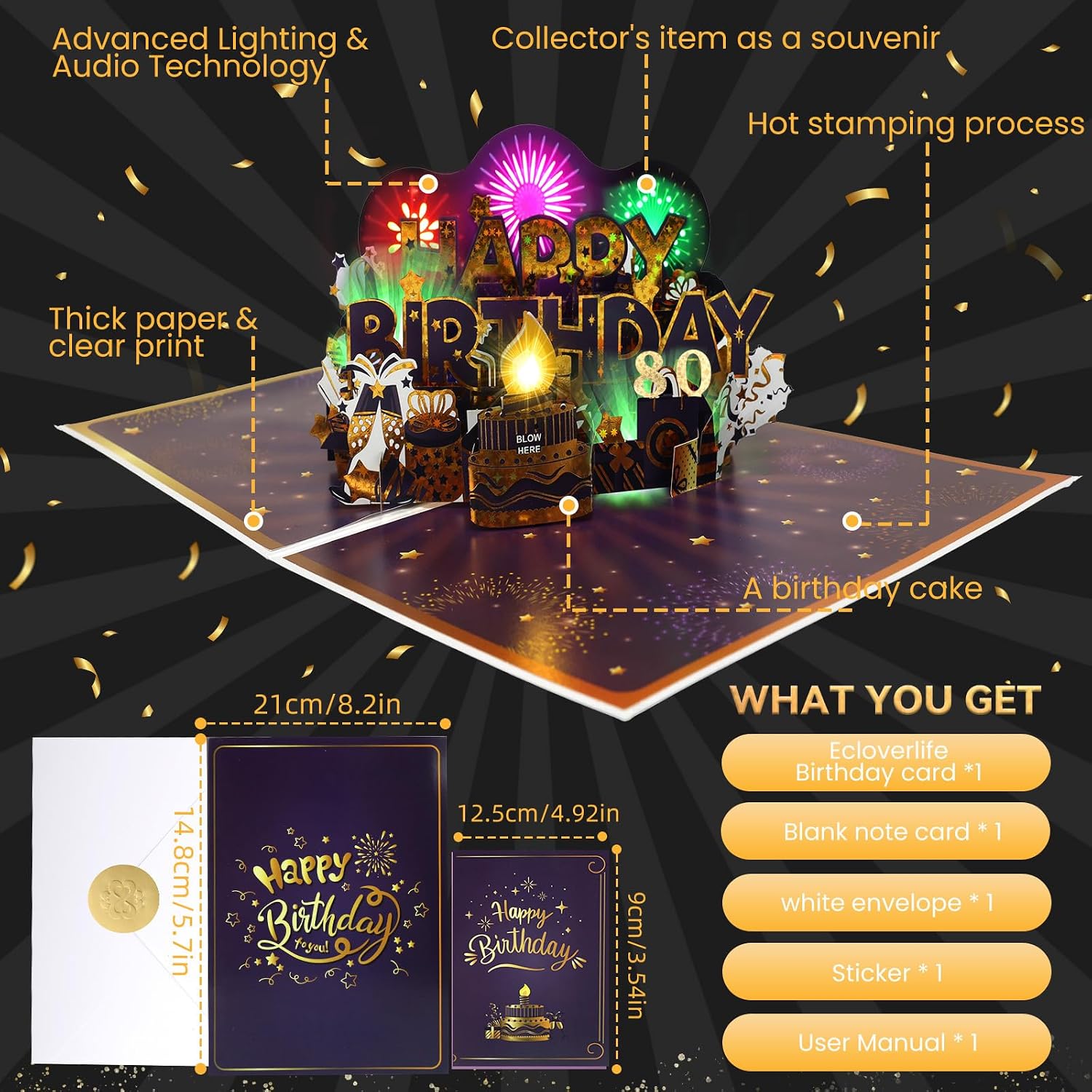 Thumbnail 5 de 80th Birthday Card, Musical & Pop-Up Fireworks – A special 3D celebration card for 80th milestones