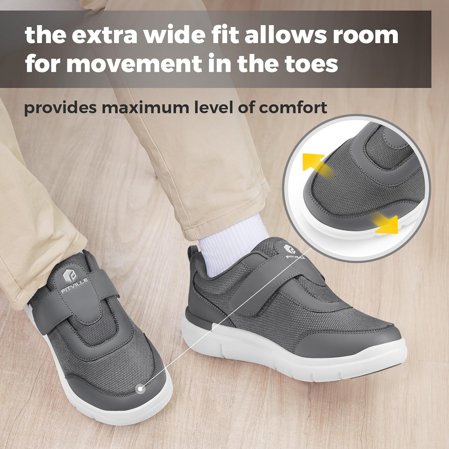 Thumbnail 4 de FitVille Mens Extra Wide Diabetic Shoes with Adjustable Strap (EasyTop StrapEase V4) for Swollen Feet