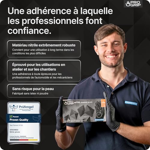 Detalle de ARNOMED 50x ProGrip Gants nitrile Diamond Noir XL – double épaisseur, texture diamantée