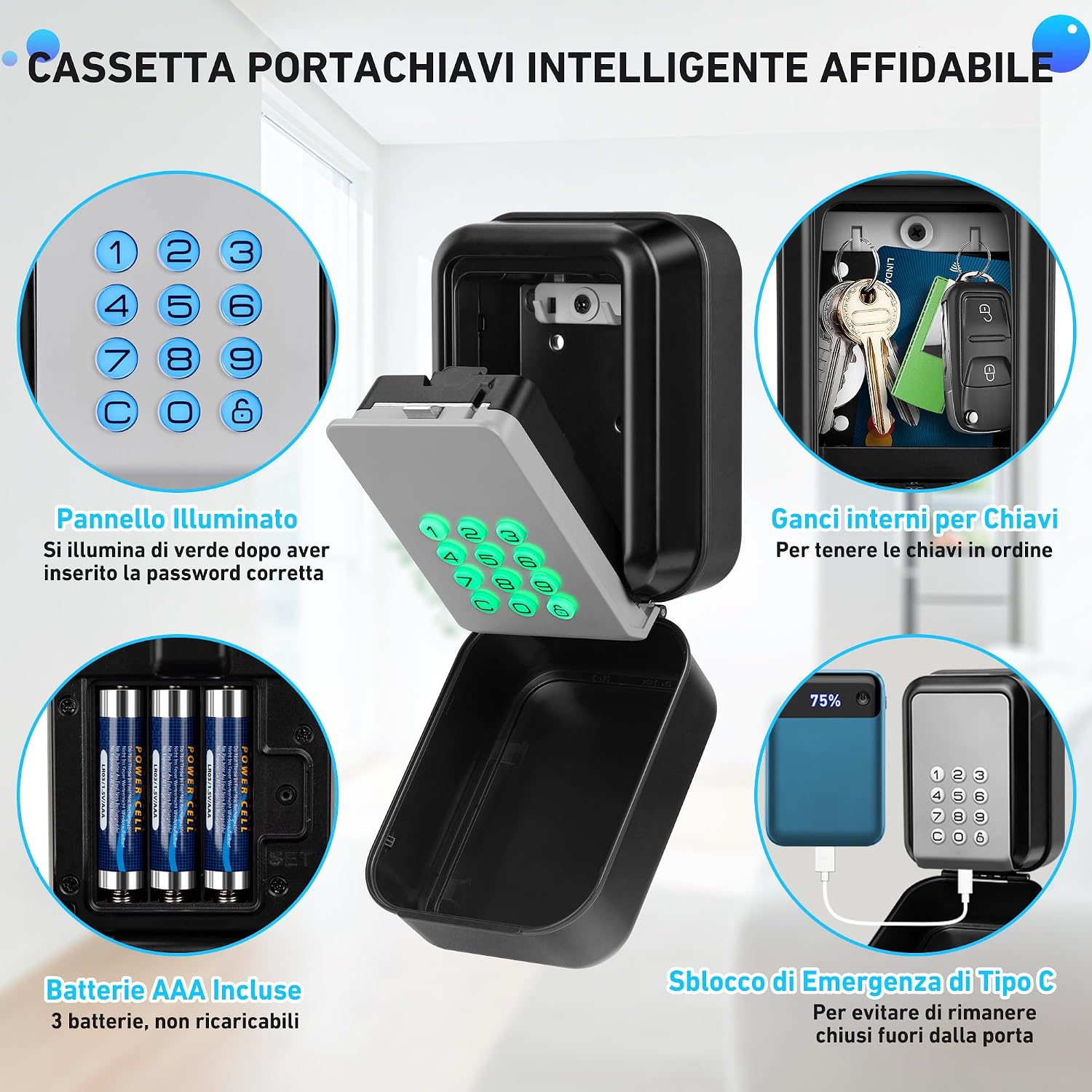 Detalle de ENONEO Cassetta di Sicurezza per Chiavi Esterno Impermeabile con Bluetooth e Controllo App – 10x8x5 cm