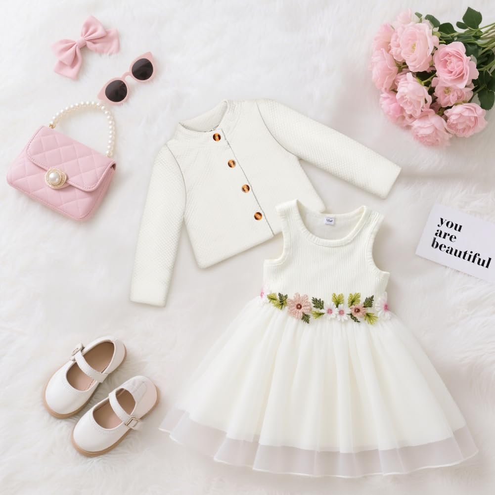 Thumbnail 5 de Vicloon Ensemble Robe et Cardigan pour Bébé Fille – 2 Pièces (Robe sans Manches à Imprimé Floral + Manteau à Manches Longues)