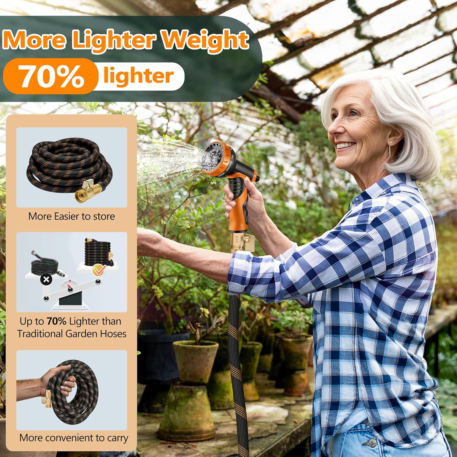 Detalle de Flexible Garden Hose 100 FT with 10-Pattern Nozzle and 3/4" Brass Fittings