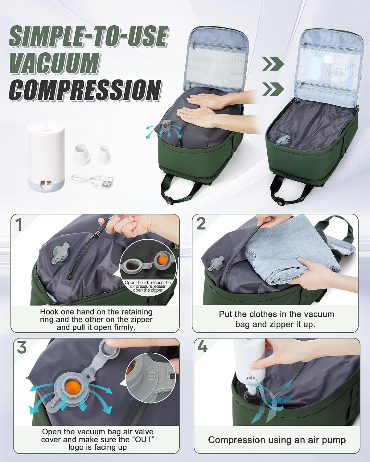 Thumbnail 3 de SZLX Vakuum-Rucksack fürs Flugzeug als Ryanair Handgepäck 40x20x25 inkl. Pumpe – Laptop-Fach & Schuhfach