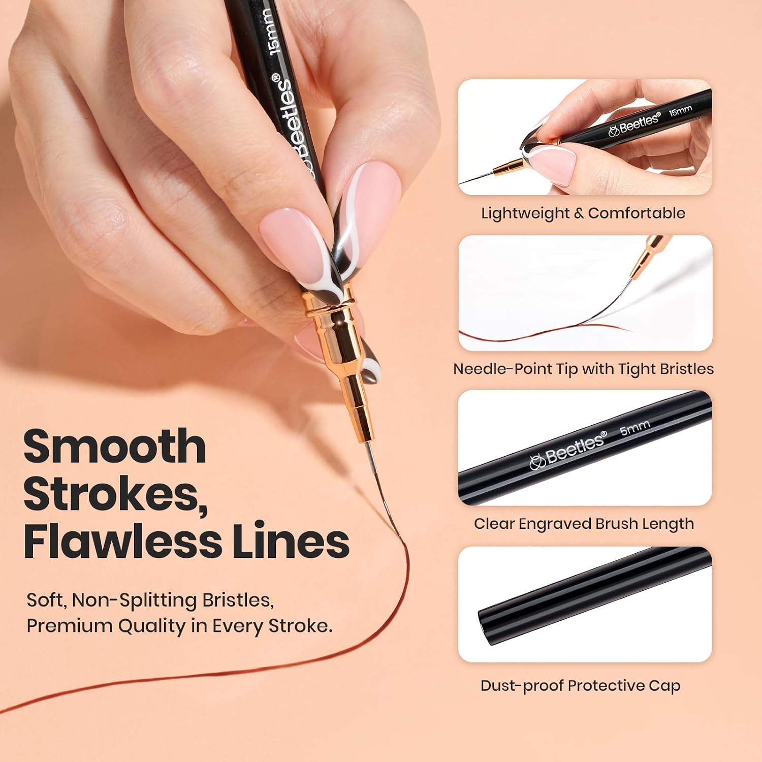 Detalle 2 de Beetles Liner Brushes for Nails (5pcs) — Metallic Nail Art Liner Pens, 5 Lengths for Fine Lines
