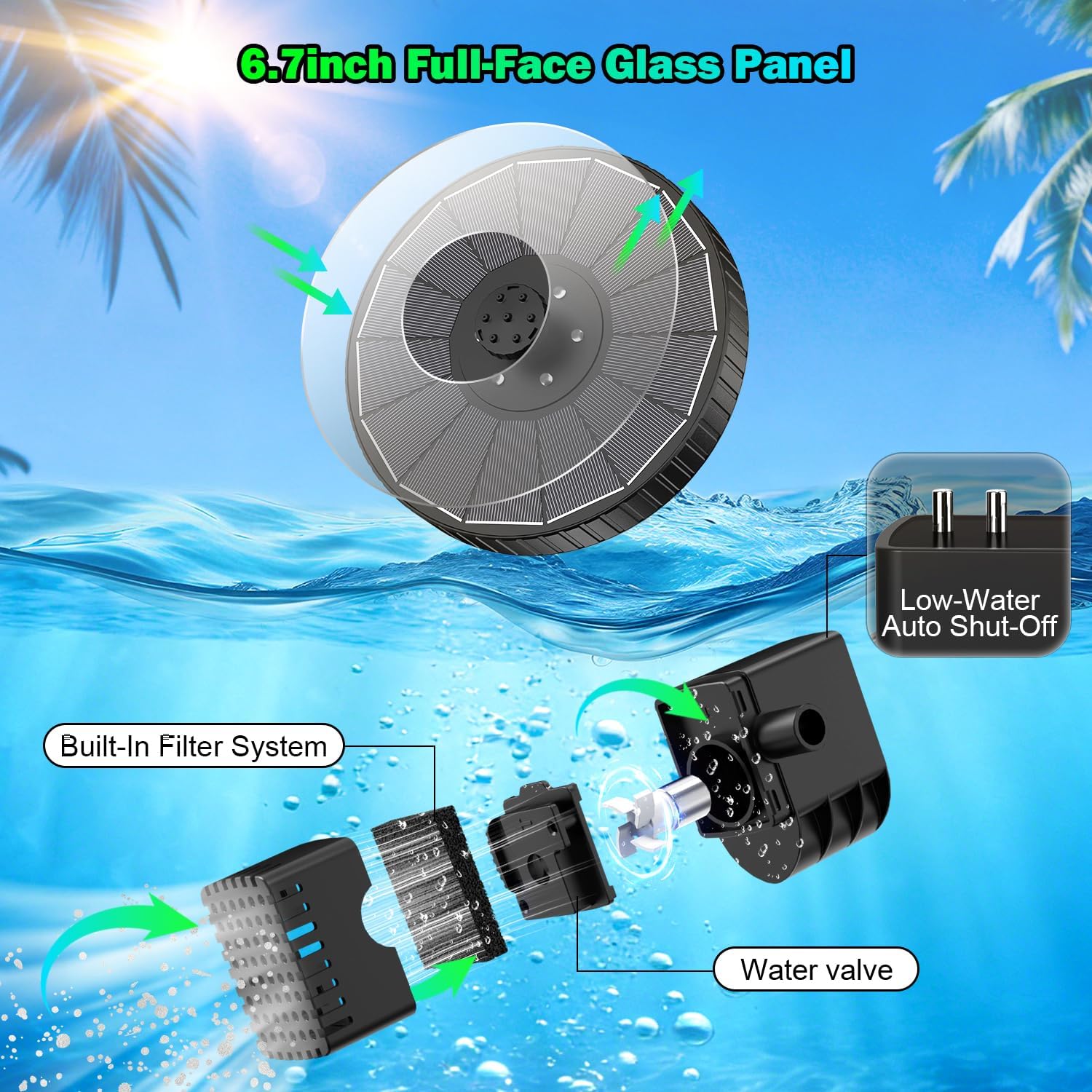 Thumbnail 6 de SZMP Solar Fountain Colorful LED with 3-Level Height, 7 Nozzles and 270° Rotating Rods