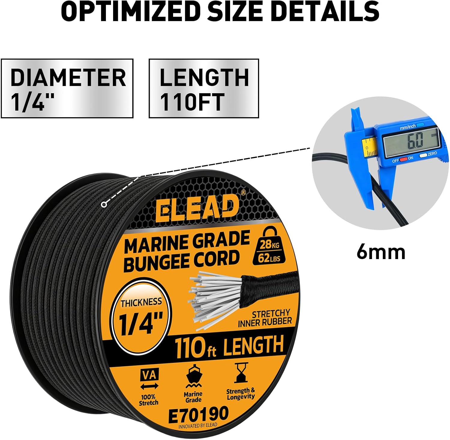 Thumbnail 1 de ELEAD 70190 Bungee Cord Roll, 1/4-Inch x 110 Feet, Black