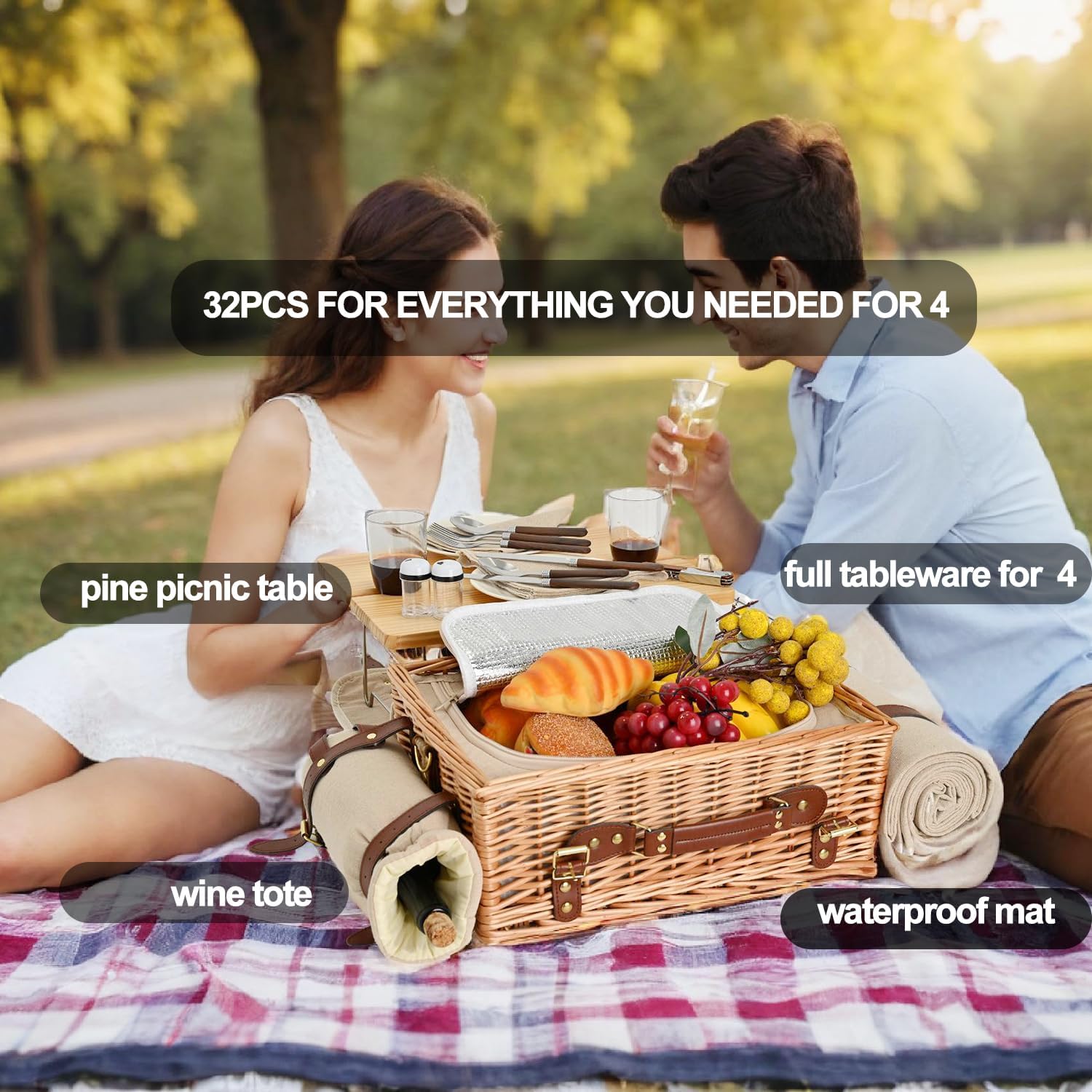 Detalle 2 de SatisInside Versatile picnic set for 4- natural 4人用柳編みピクニックバスケット、断熱仕様・テーブル付き