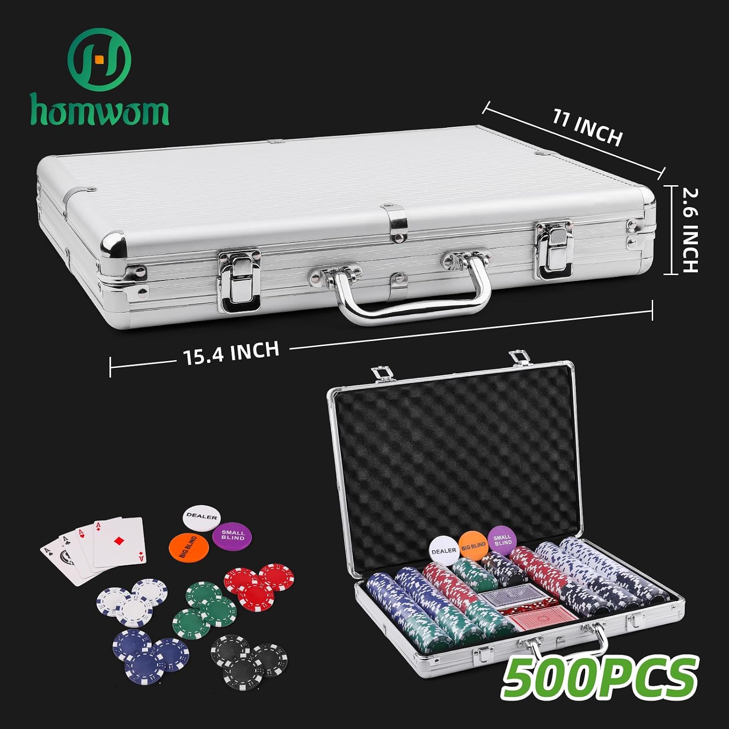 Detalle 2 de Homwom 500-Piece Poker Chip Set with Aluminum Case (Texas Holdem & Blackjack)