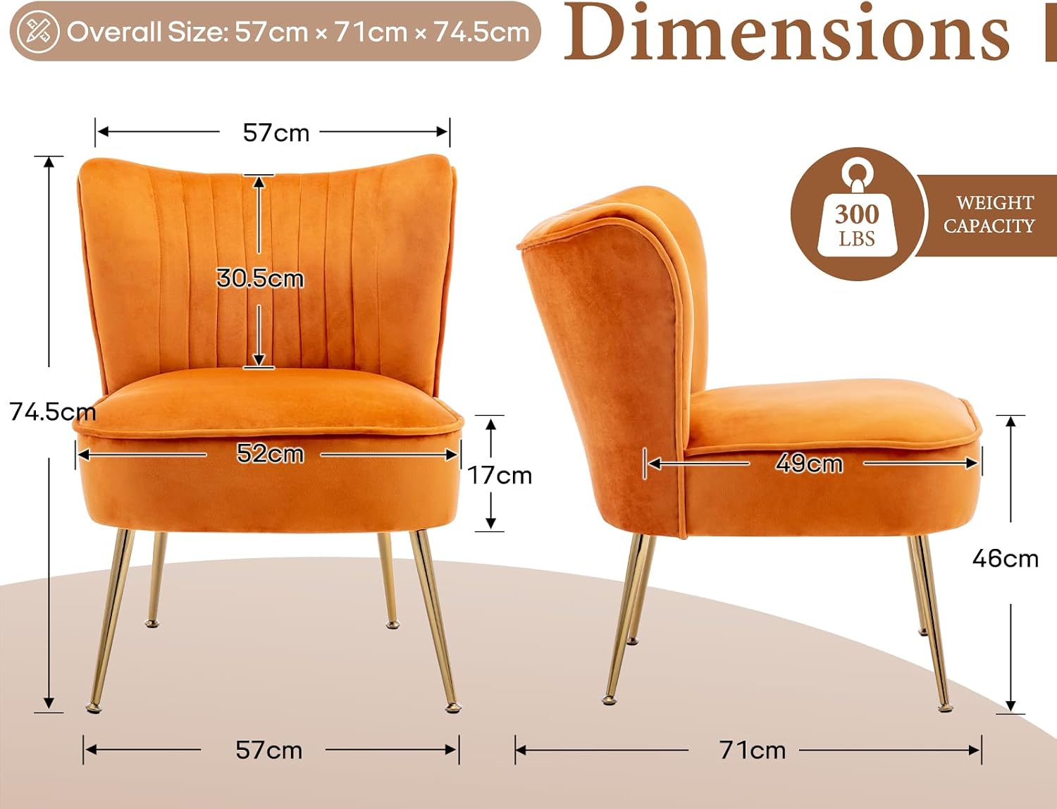 Detalle de chairus set van 2 fluwelen fauteuils, oranje, met gouden poten