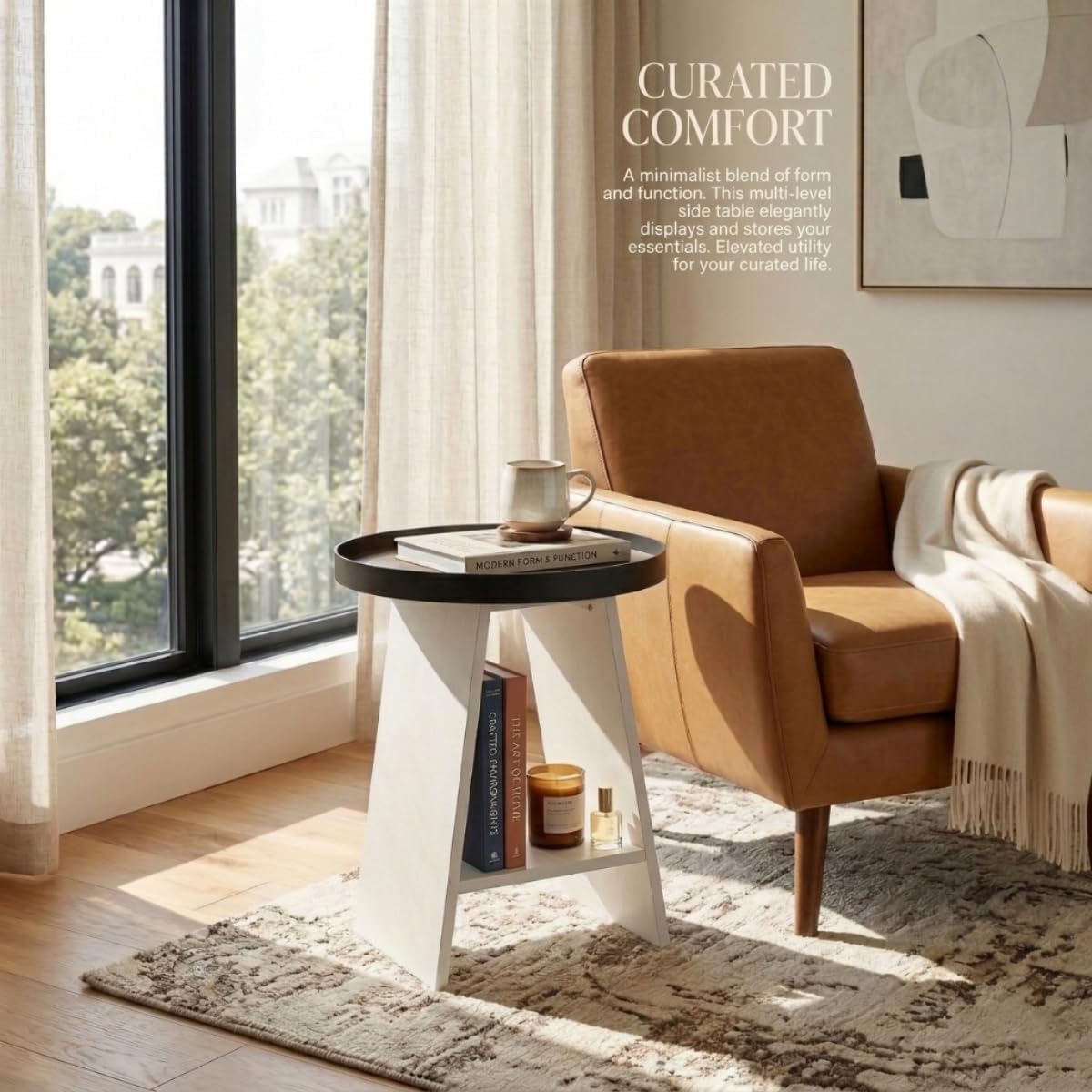 Thumbnail 4 de ZEXVIDA Round End Table with Tray Top (White) - 2-Tier Rustic Side Table for Small Spaces