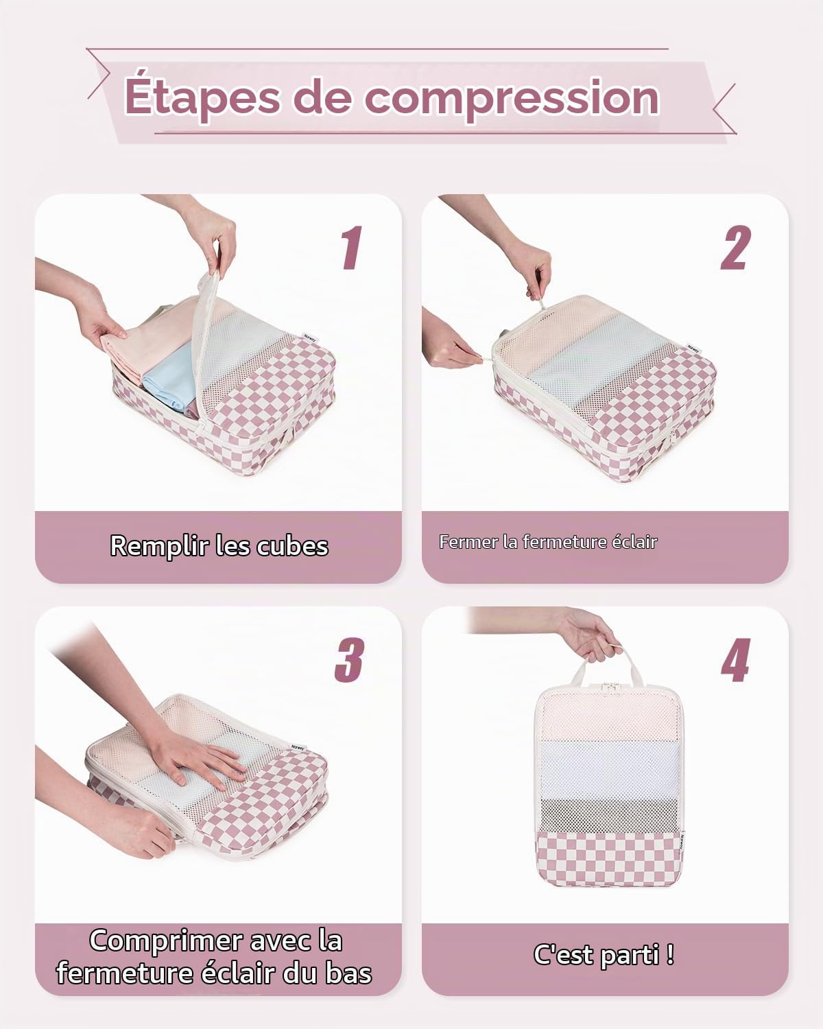 Thumbnail 6 de Narwey set van 6 compressiekubussen in polyester met roze dambordpatroon