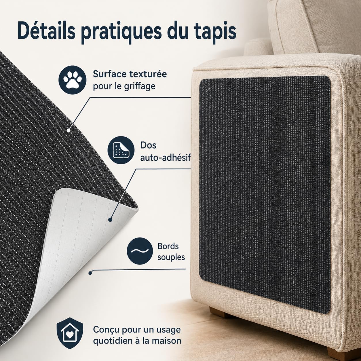 Detalle de Protection Canapé Chat Anti Griffes – Tapis griffoir 200 x 40 cm découpable, auto-adhésif et résistant en fibre polyester (Gris)
