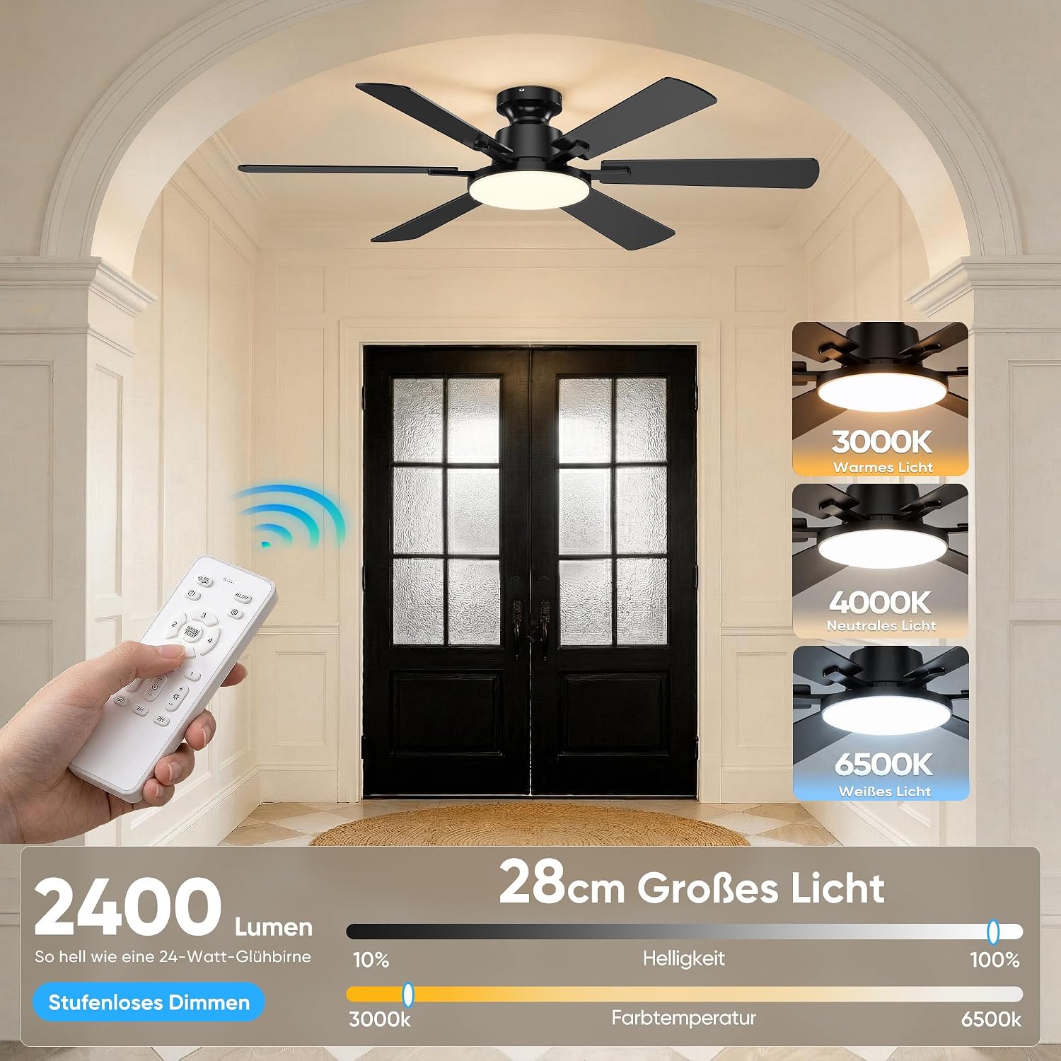 Detalle 2 de Deckenventilator mit Beleuchtung 132 cm – 6 Flügel, DC-Silentmotor, Fernbedienung