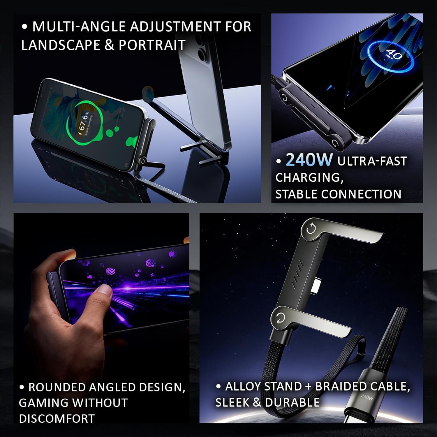 Thumbnail 2 de Invisible Foldable Holder Charger Cable with Stand — 240W Fast Charging USB-C Cable (2 Pack) for iPhone 17 Series, S25, S24 Ultra