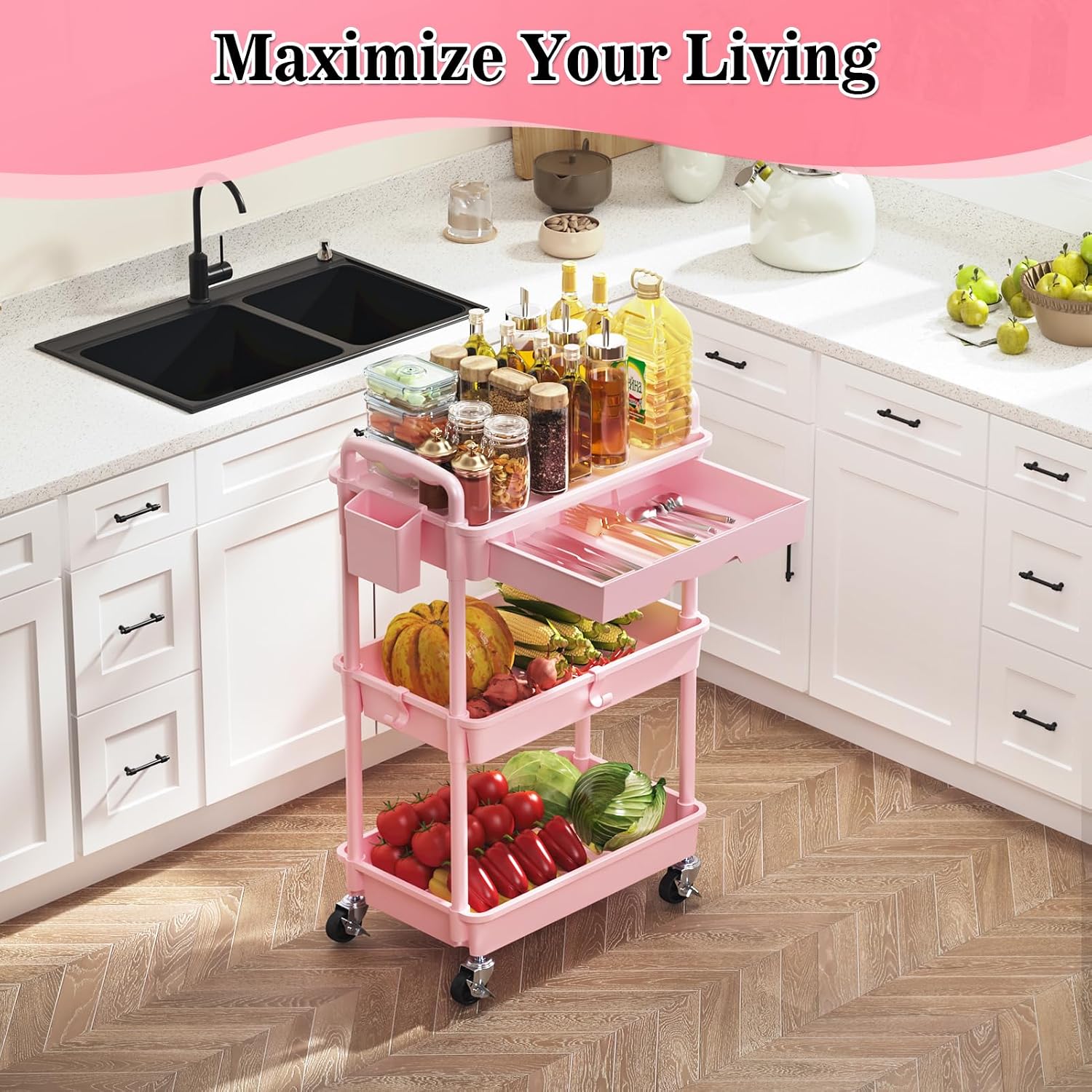 Detalle 2 de SUNALLY SN-UC03PK 3-Tier Rolling Storage Cart with Drawer, Pink, Locking Wheels