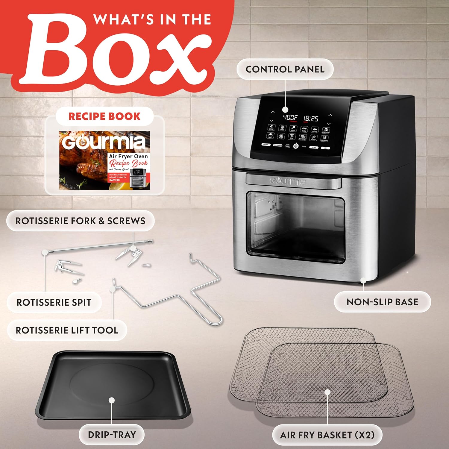 Detalle 2 de Gourmia 14 Qt Air Fryer All-in-One Rotisserie Oven with Digital Display, 12 Presets, 1750W