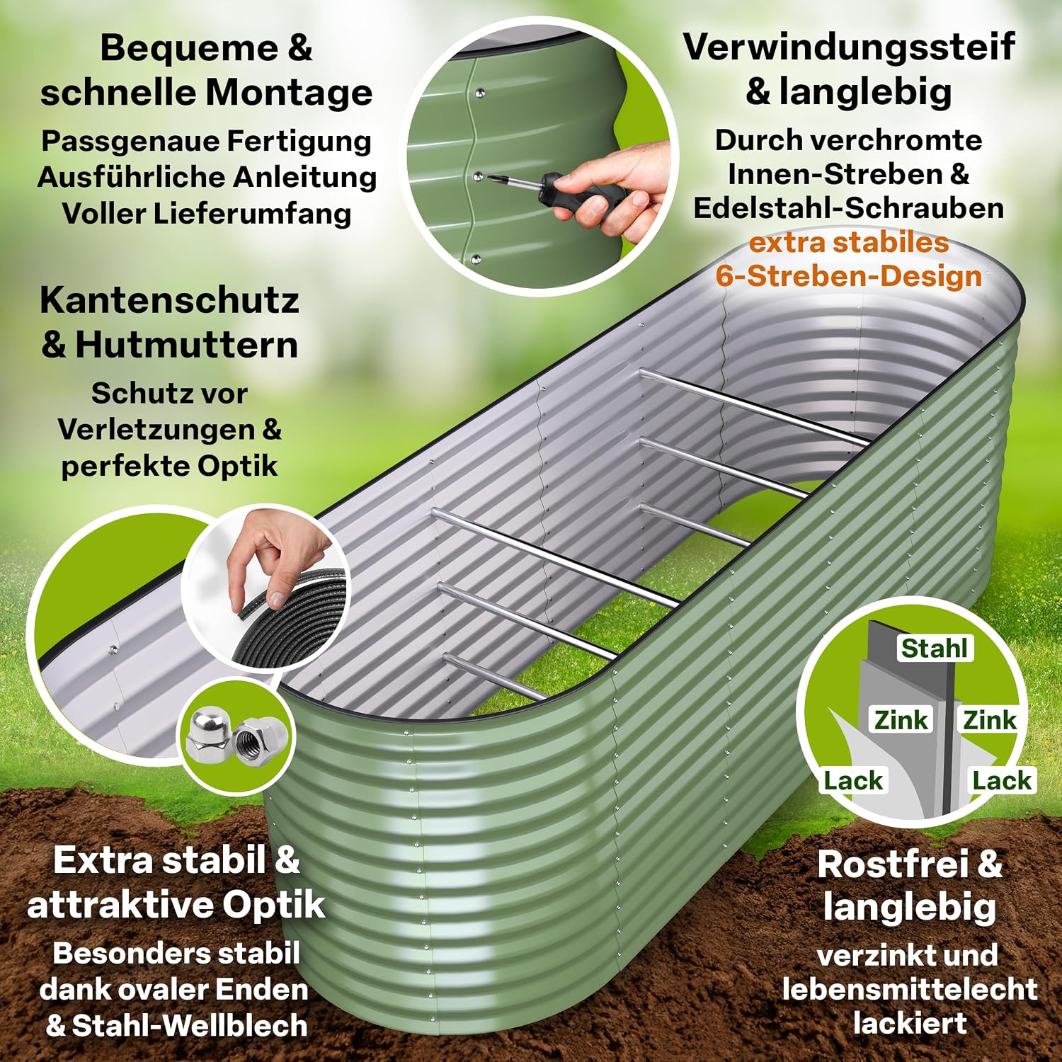 Detalle de TTL GARDEN Nature L Metall-Hochbeet 240x80x80 cm (salbei-grün) – verzinkt & lackiert mit Ungeziefer-Draht