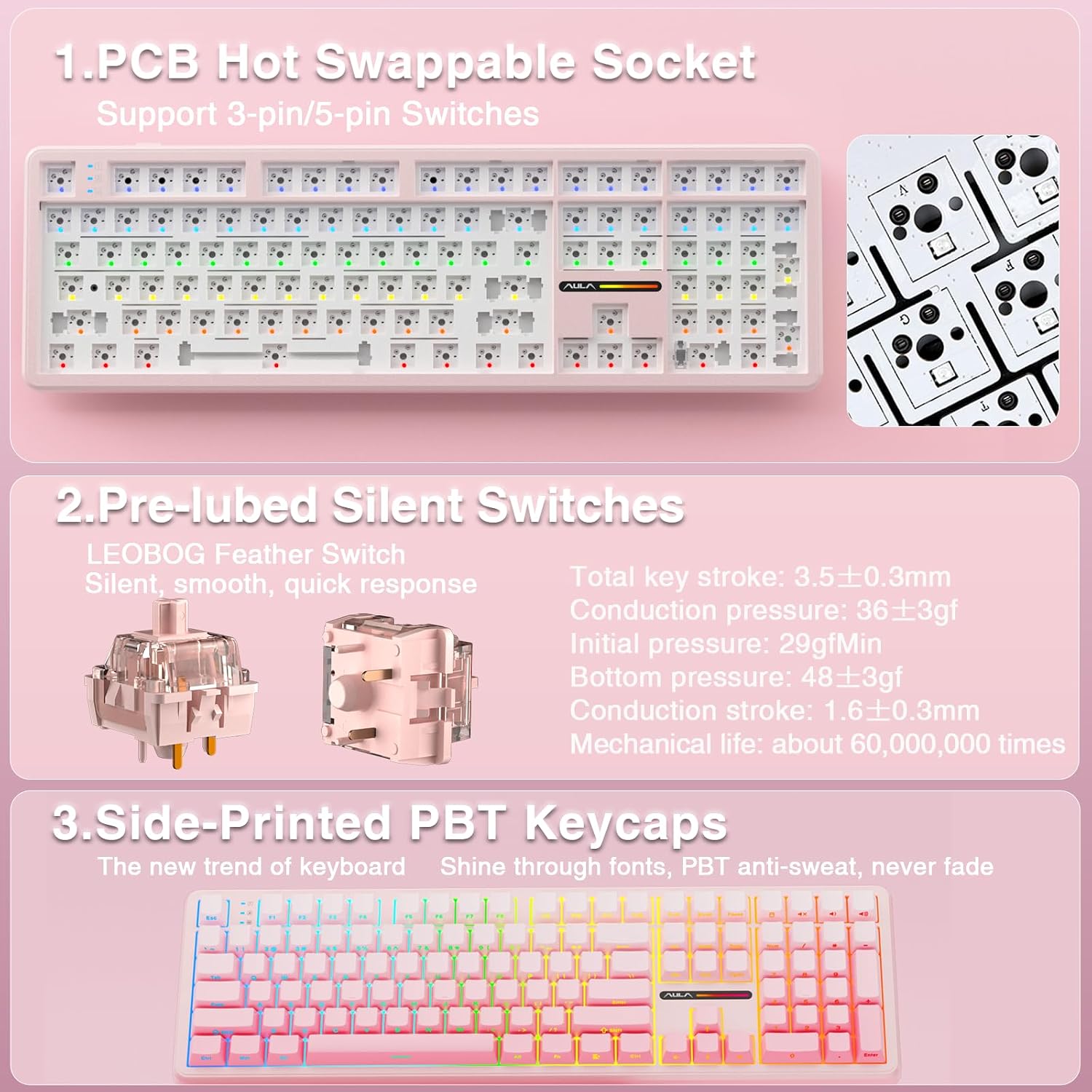 Detalle de AULA F108 Mechanical Keyboard (Wireless-Silent) – 2.4GHz/BT5.0 + USB-C, 100% Full Size, RGB, Hot-swappable