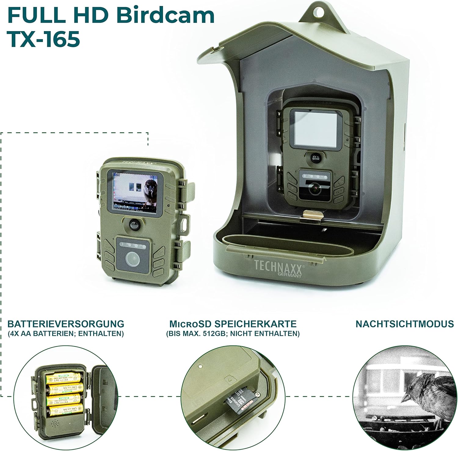 Detalle 2 de Technaxx Full HD Bird Cam TX-165 – Outdoor-Überwachung mit 100° Weitwinkel und Zeitlupenfunktion