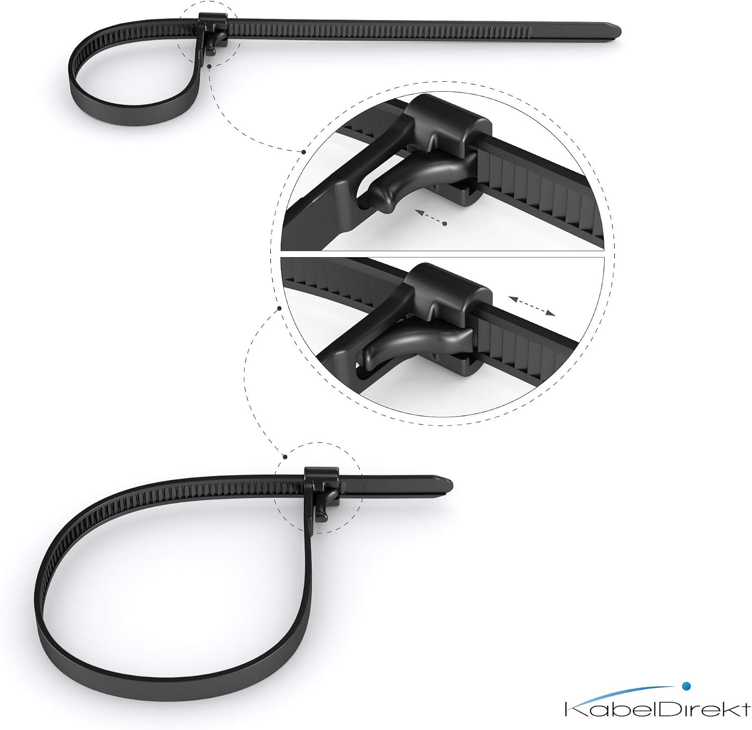 Detalle de KabelDirekt – Colliers de serrage refermables, 100 unités, 7,4 mm x 300 mm, noir
