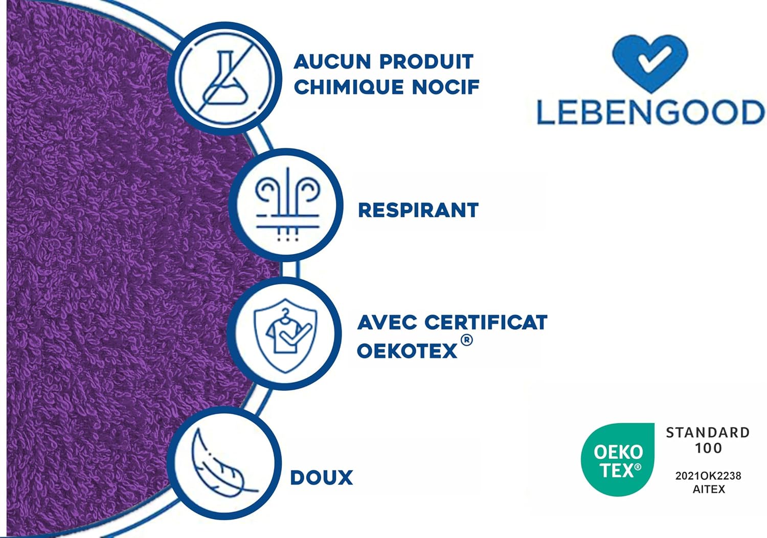 Detalle 1 de LEBENGOOD badjas van 100% katoen, Amerikaanse badstof, 450 g/m²