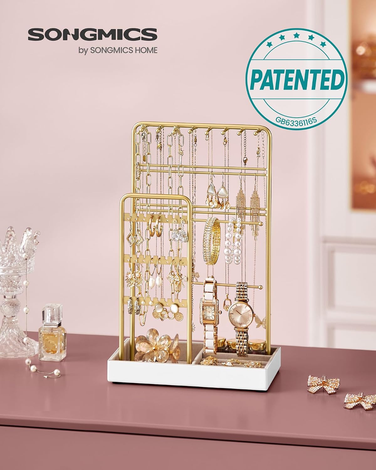 Thumbnail 1 de SONGMICS JJS021A01 Jewellery Stand – metal frame velvet tray organiser for earrings, bracelets and long necklaces