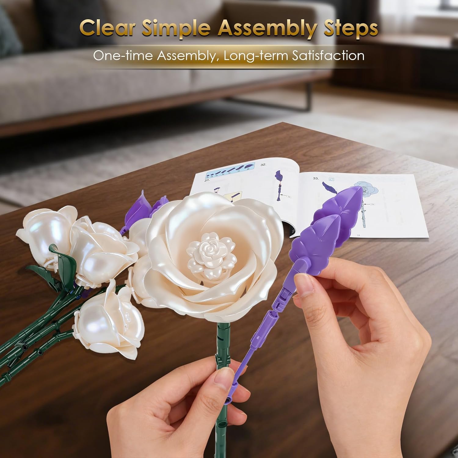 Thumbnail 4 de QYCHHJ White Roses Flower Bouquet Building Set with Vase – 256 Pcs