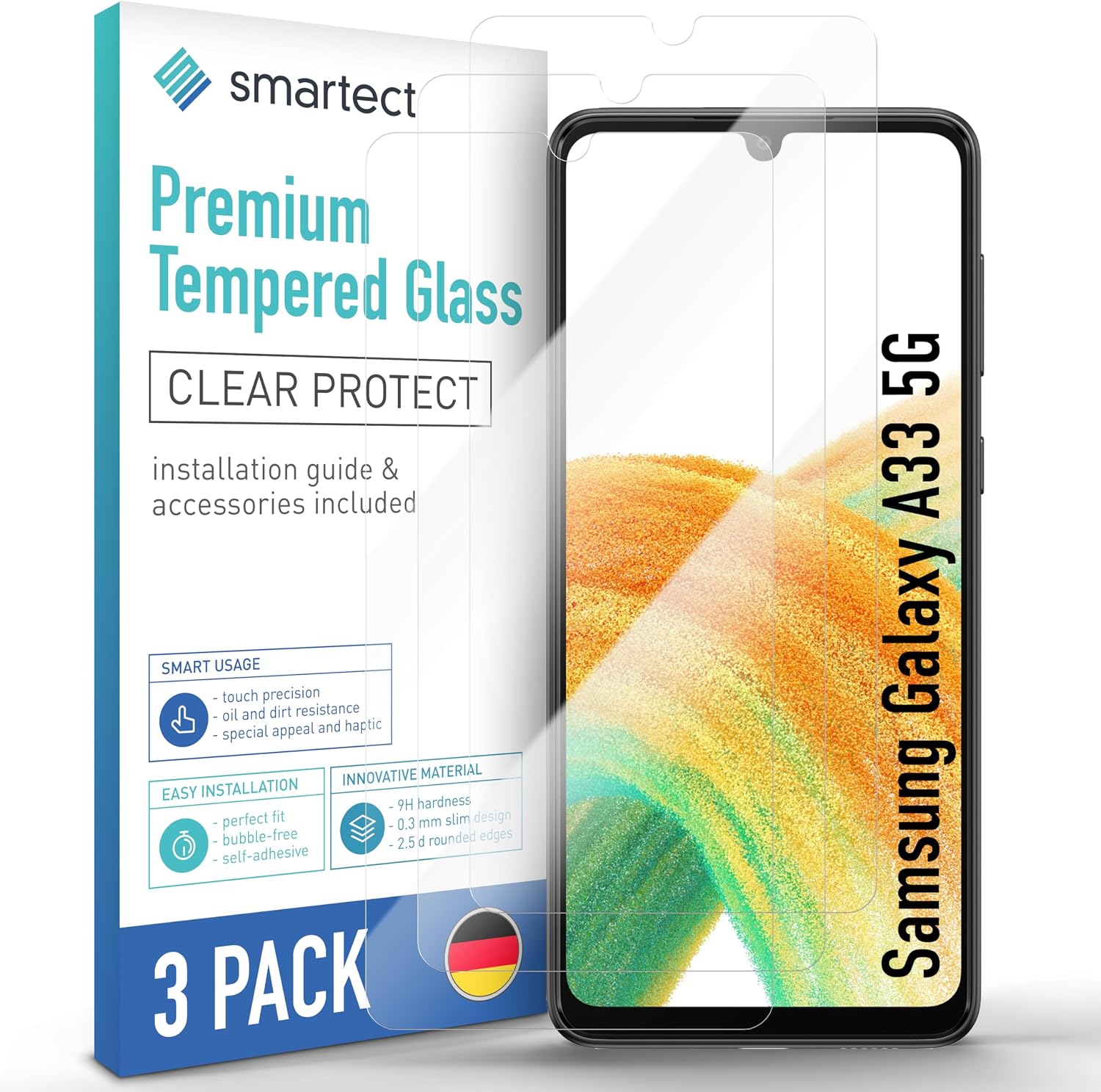 Detalle de SmarTect Tempered Glass Screen Protector for Samsung Galaxy A33 5G, 3 Pack, 9H