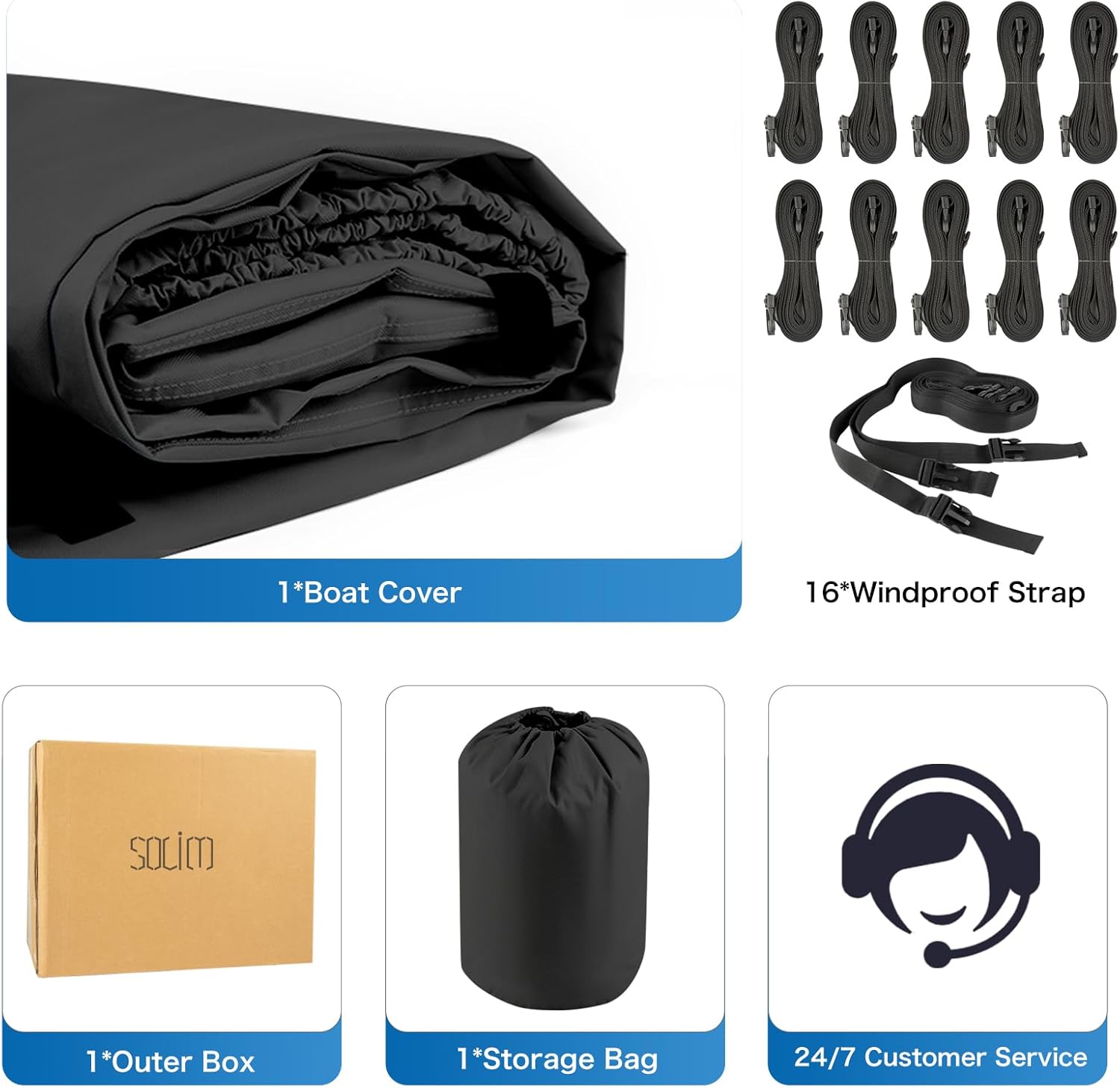 Thumbnail 5 de Solim Trailerable 1200D PU Heavy-Duty Pontoon Boat Cover (19–21 ft), Waterproof Oxford Canvas, Black