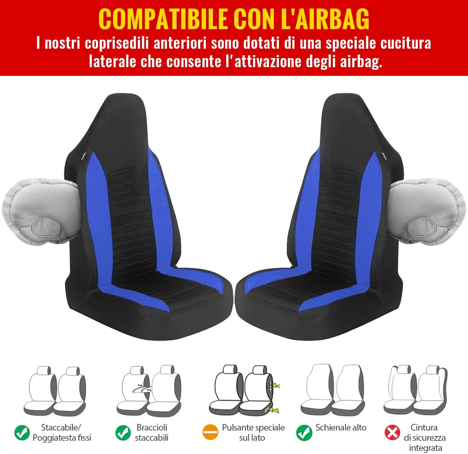 Thumbnail 2 de AUTOYOUTH Coprisedili auto anteriori universali con schienale alto Blu/Nero compatibili con airbag