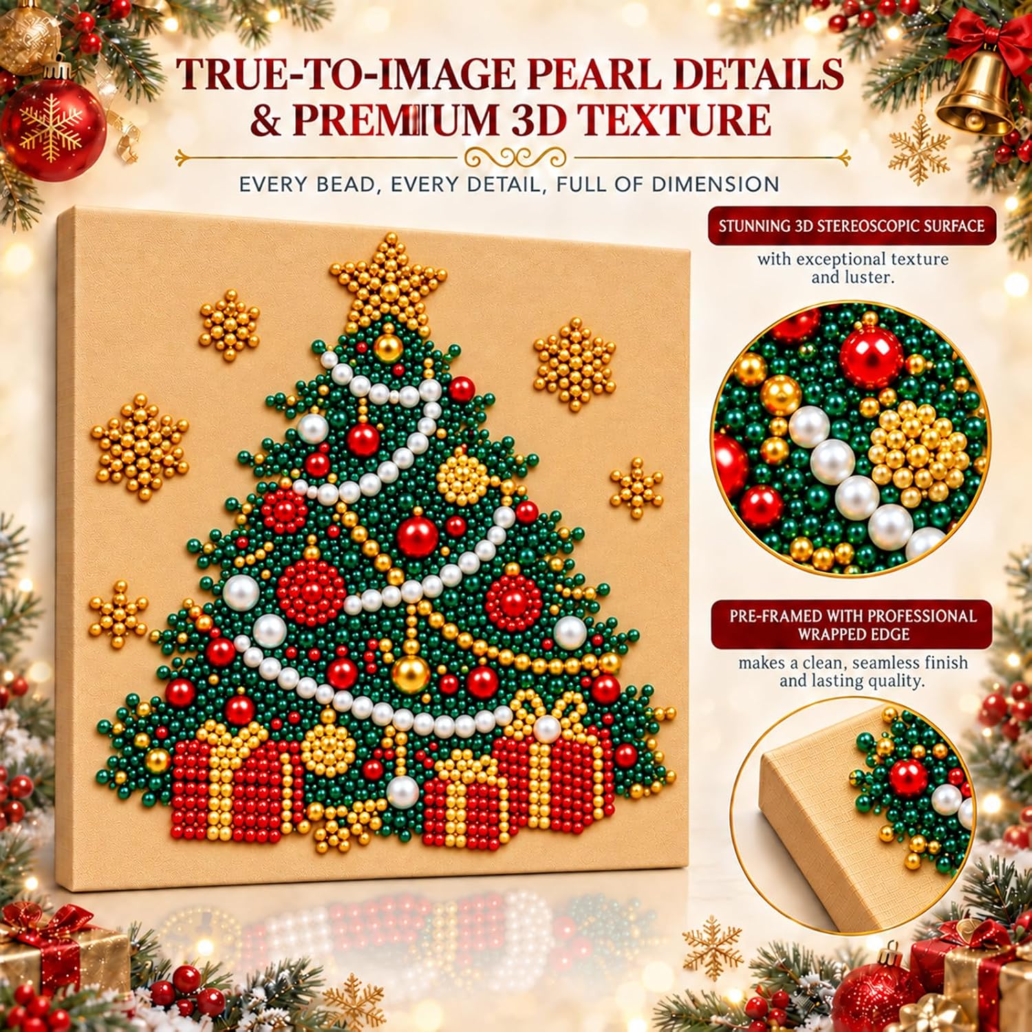 Detalle de BERNN Christmas Tree 1 Pearl and Diamond Art Kit, 10 x 10-Inch Christmas Decor