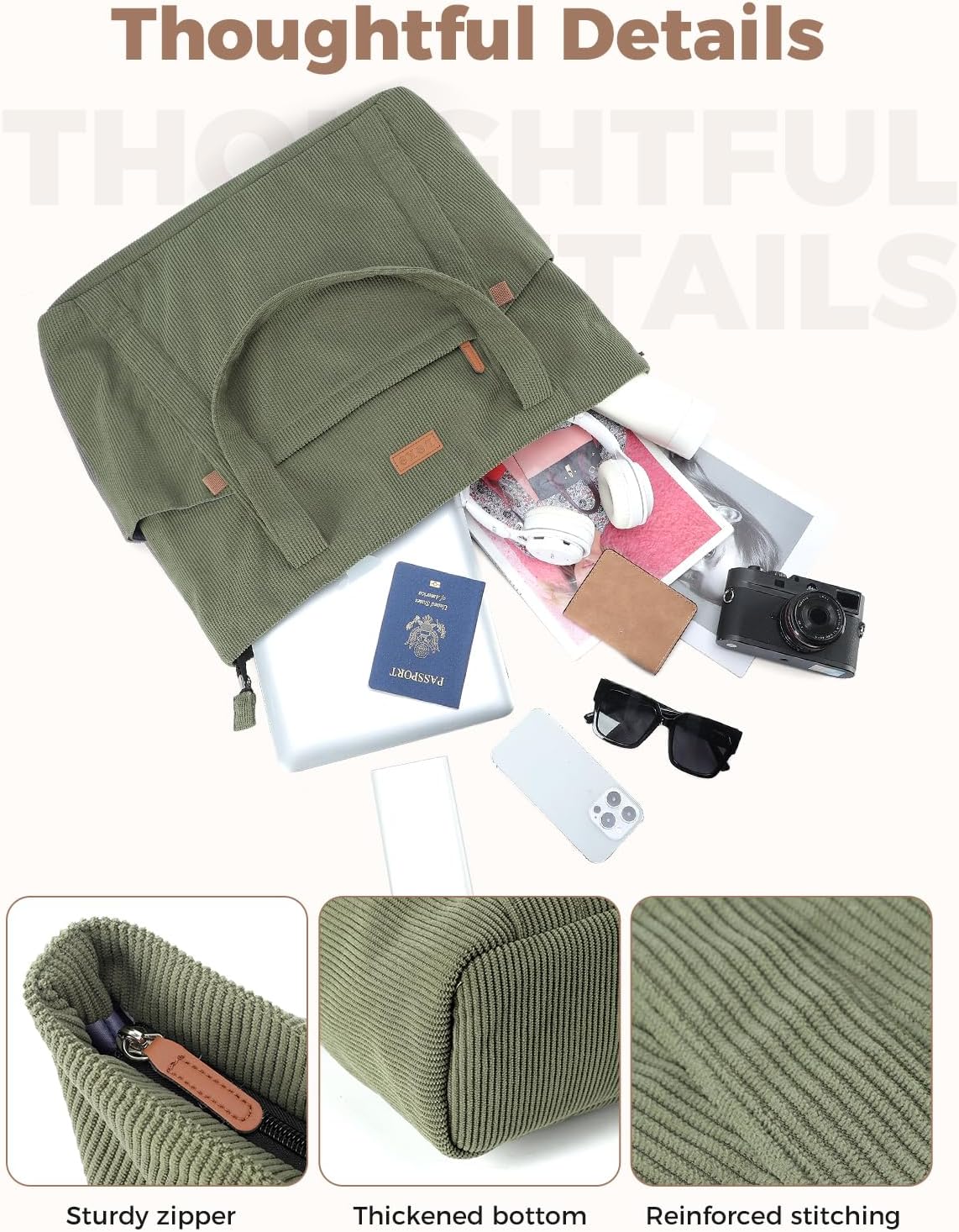 Thumbnail 5 de Lekespring Cord Tasche Damen – Große Tote Bag mit Reißverschluss, 15,6 Zoll Laptopfach, Grün