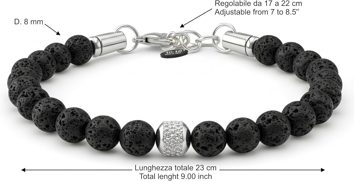 Detalle 2 de 10:10 Bracciale Uomo Pietre Naturali 8 mm – Braccialetto Regolabile in Pietra Lavica, Made in Italy
