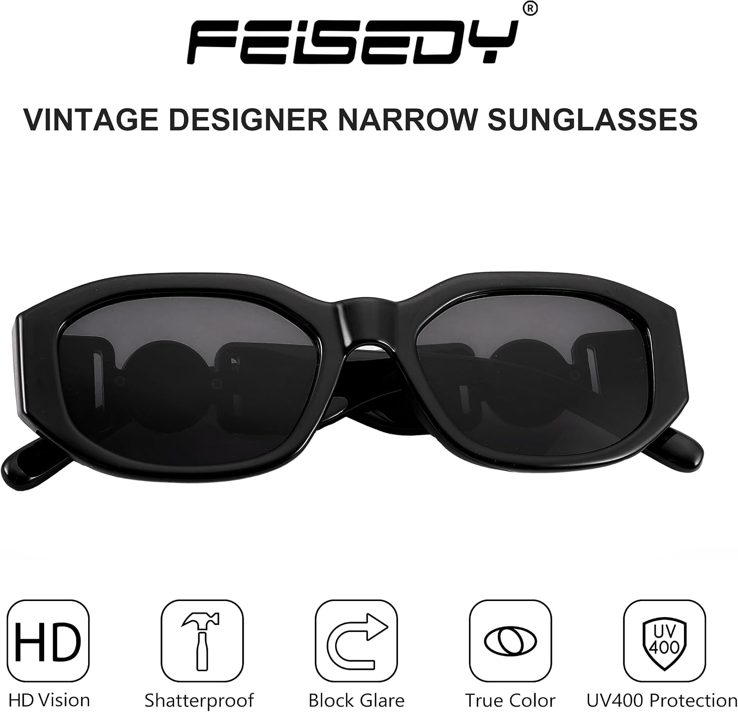 Detalle de FEISEDY Vintage Lunettes de Soleil Rectangulaires – Style rétro années 90 pour femmes et hommes