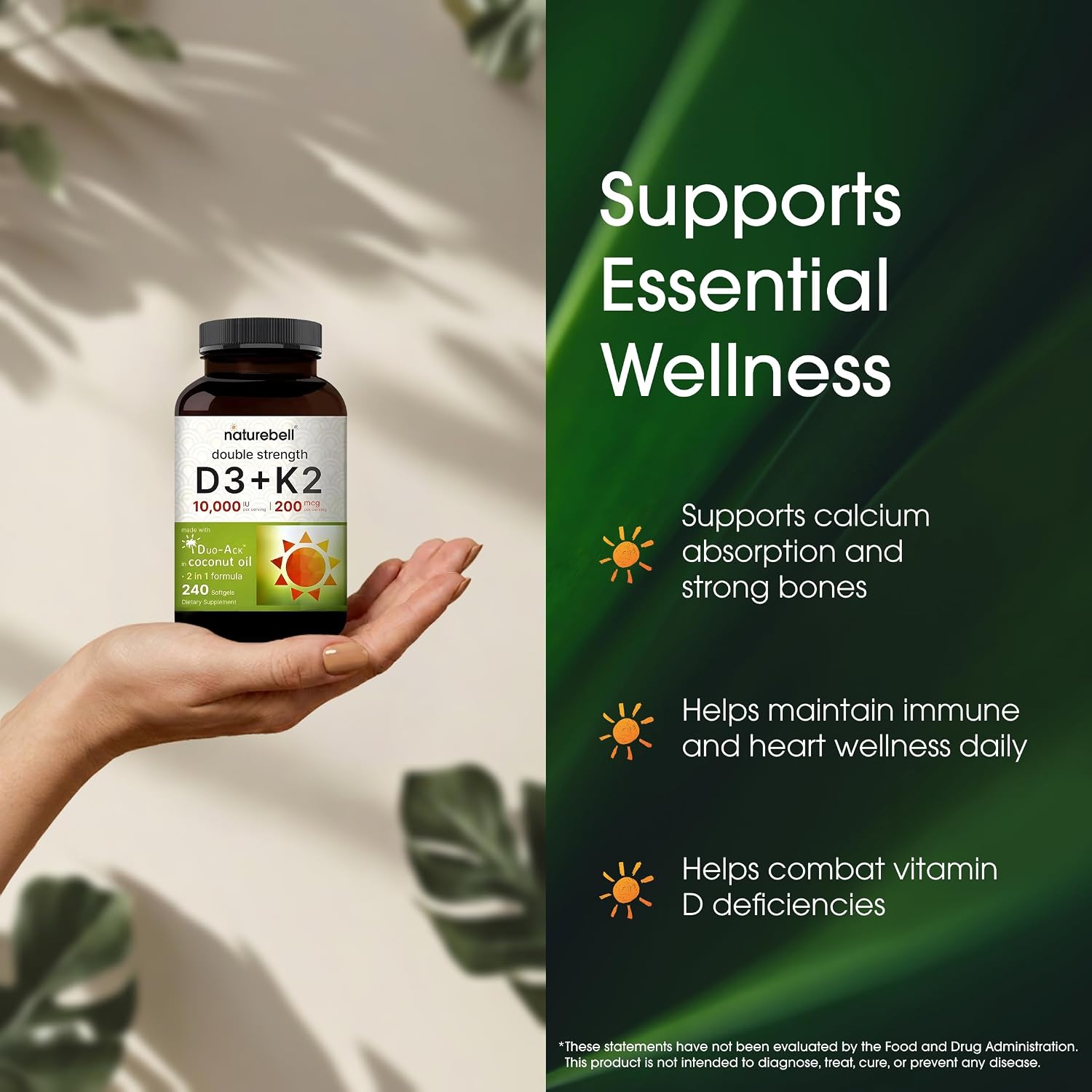 Detalle 2 de NatureBell NB-D3 K2 Vitamin D3 + K2 Softgels, 10,000 IU, 200 mcg, 240 Count