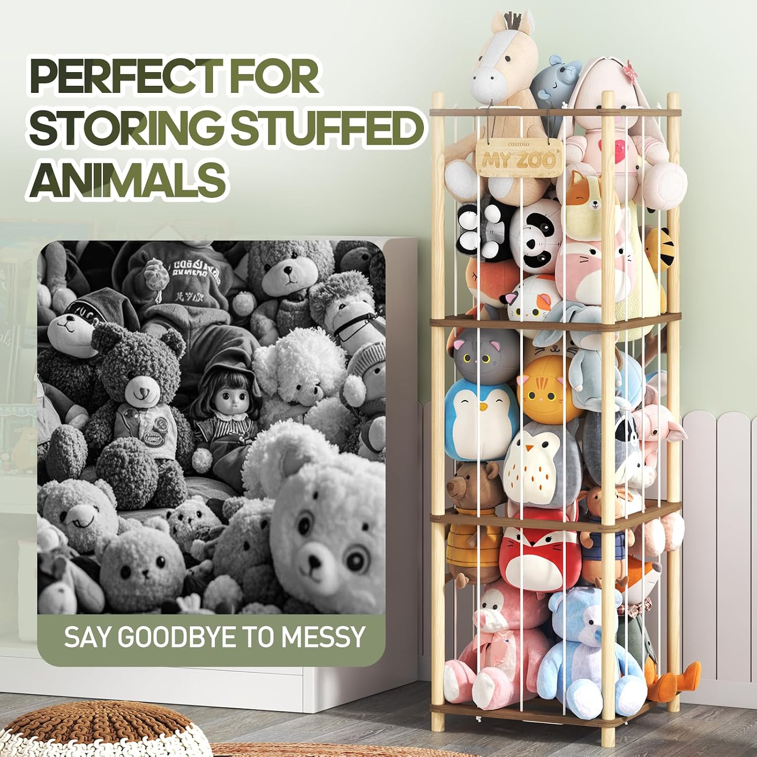 Detalle 2 de FunreemaG SSF3 Stuffed Animal Organizer, Two-Tone Pine Wood, Open Design