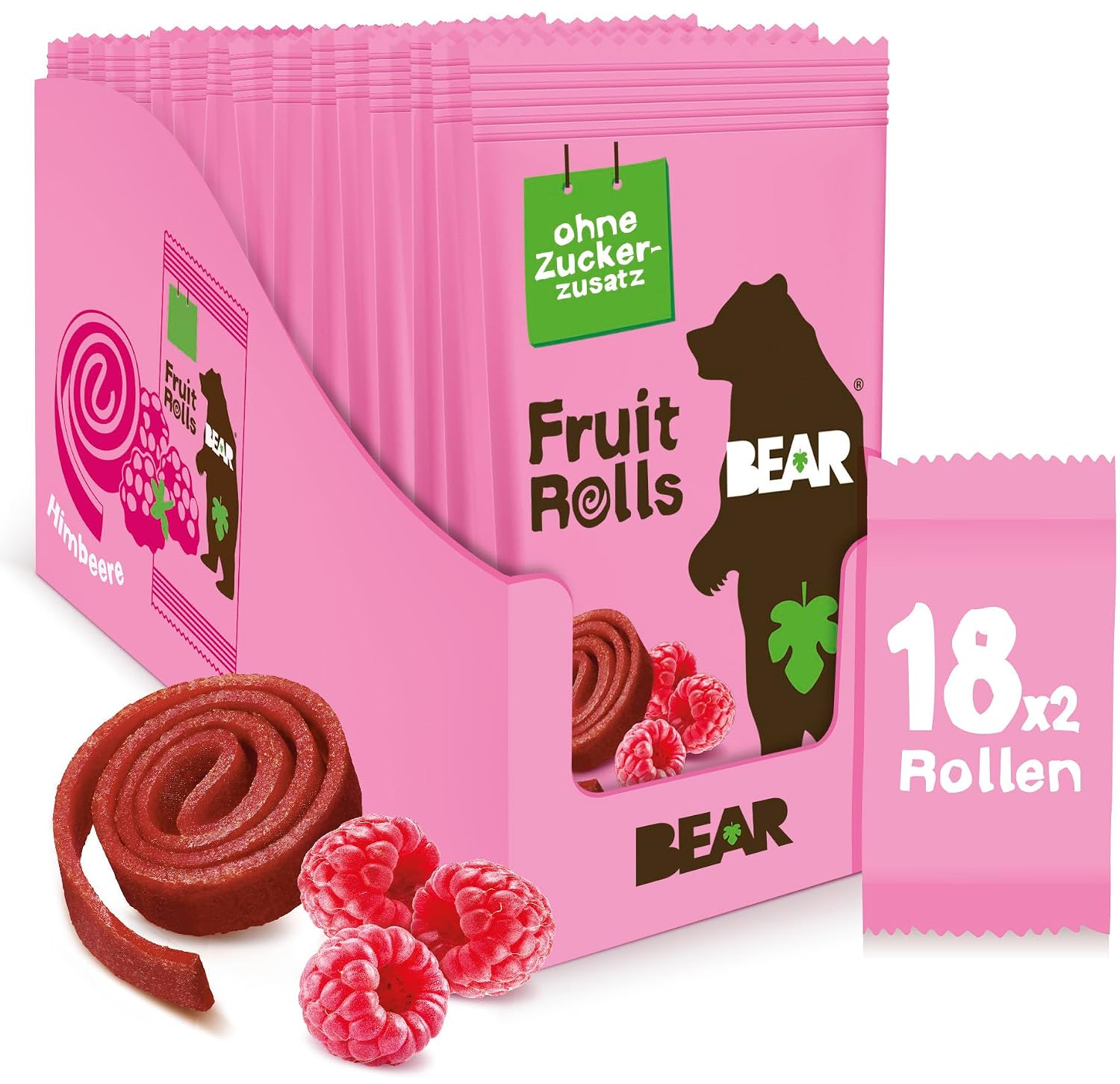 BEAR Fruchtrollen Himbeere – 100% natürliche Fruchtsnacks, 18 Beutel, 360 g