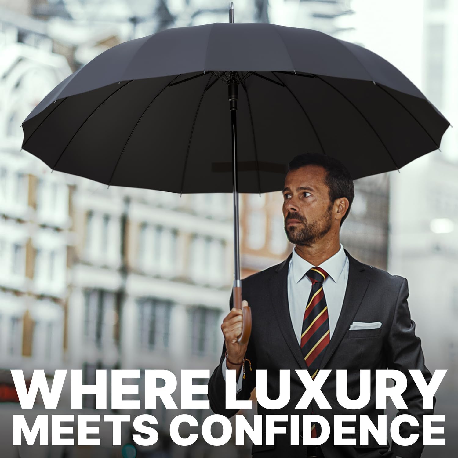 Thumbnail 4 de Royal Walk Windproof Umbrella Black Large 54 Inch Automatic Open (for 2) with Wooden Handle